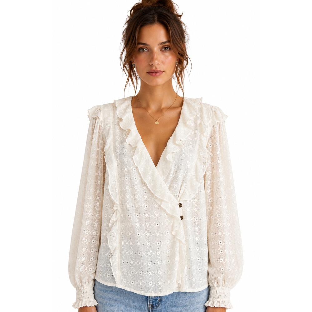 Maeve Anthropologie Laila Eyelet Ruffle Boho Blouse Ivory Cottagecore Size‎ 8